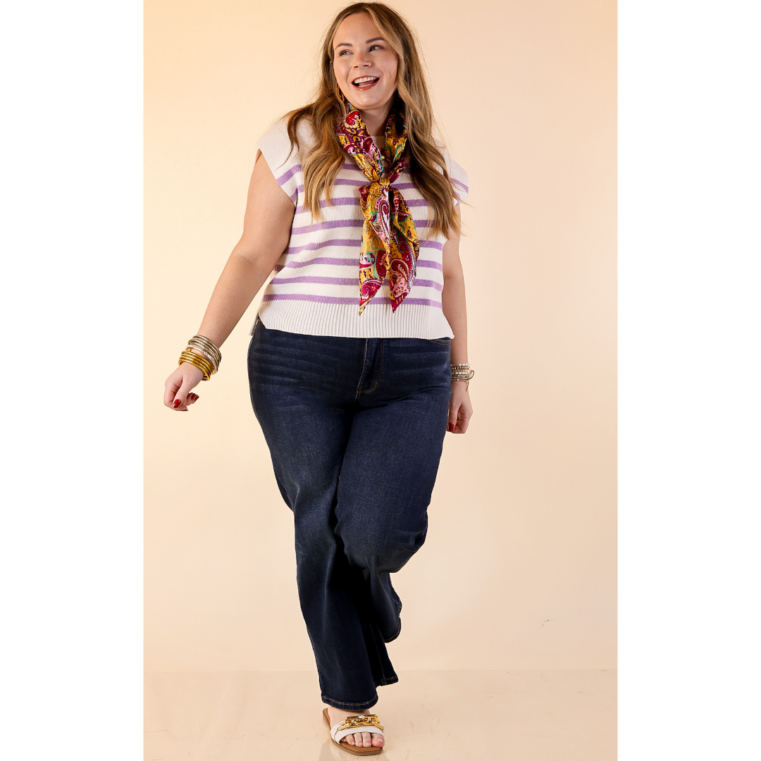 Stripe Things Up Drop Shoulder Knit Sweater in White with Lavender Purple Stripes