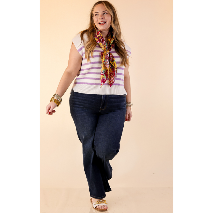 Stripe Things Up Drop Shoulder Knit Sweater in White with Lavender Purple Stripes