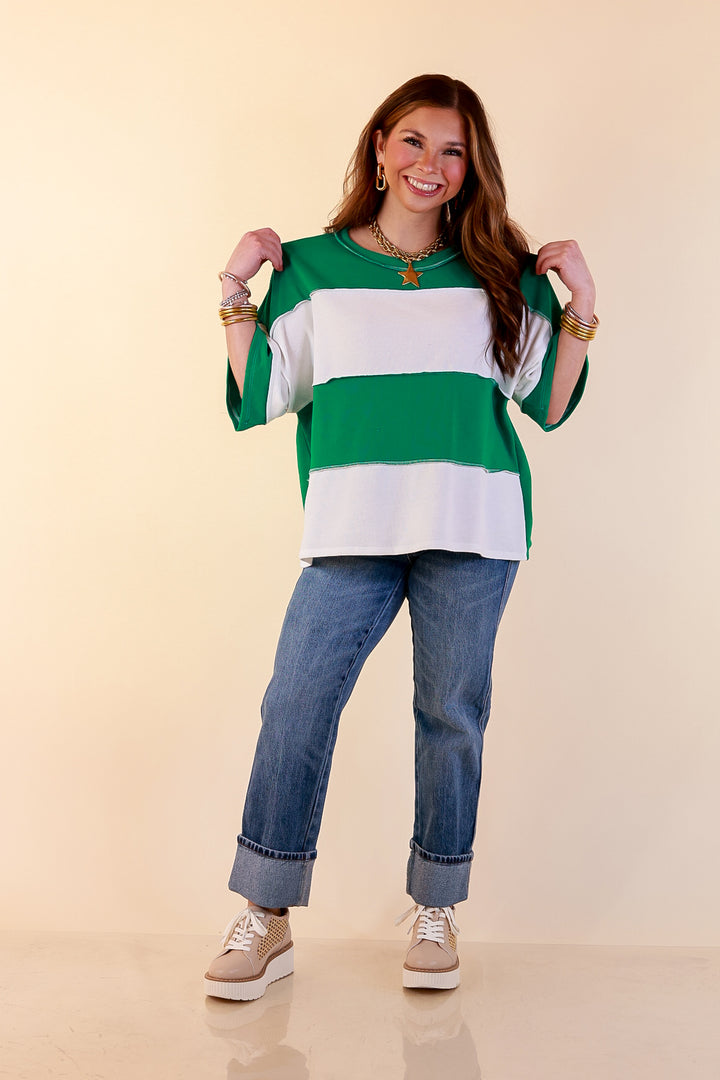 Simply Striking Color Block Rugby Style Wide Stripe Relaxed Short Sleeve Top in Kelly Green