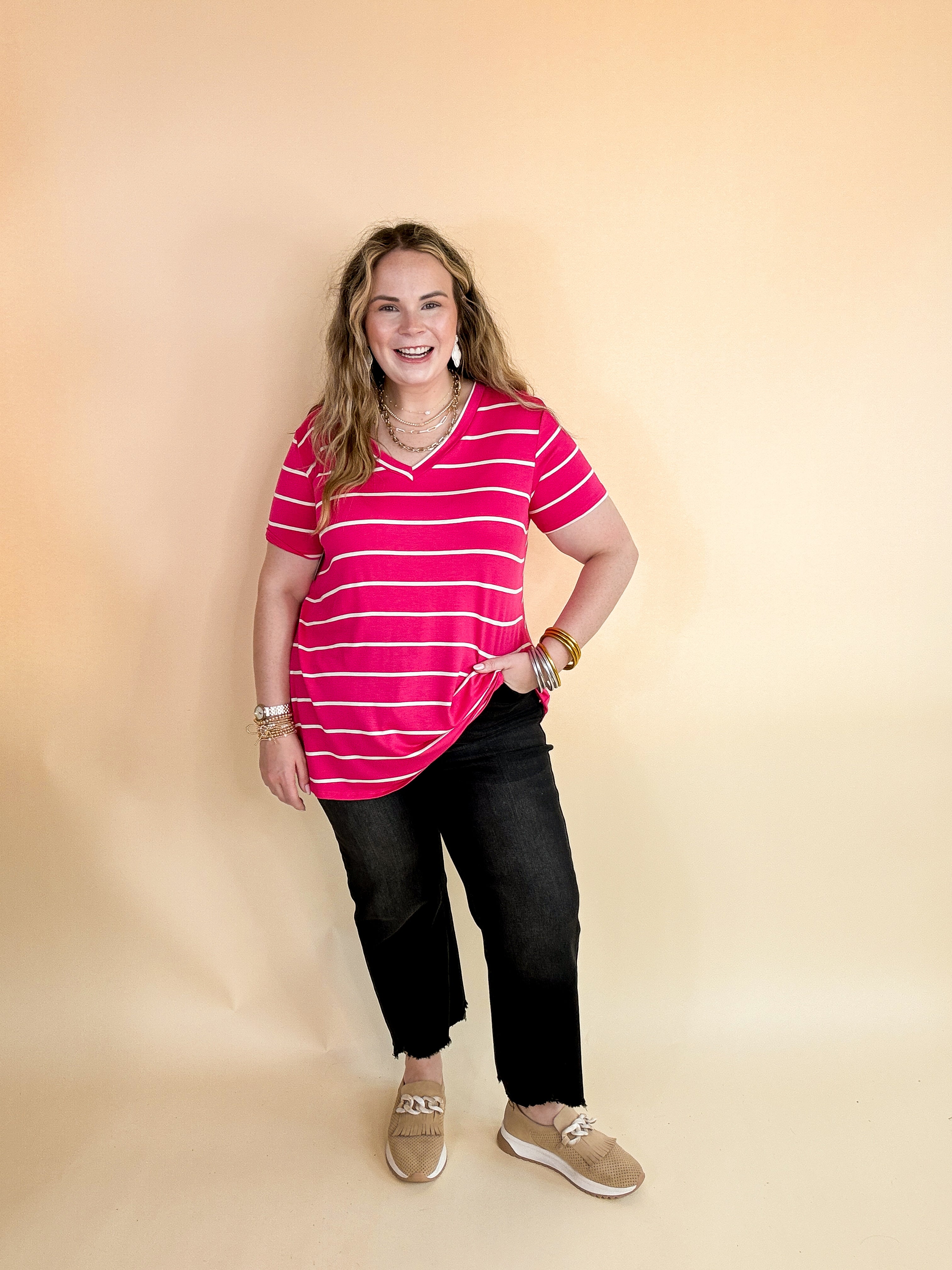 Keep Things Casual Striped V Neck Tee in Fuchsia