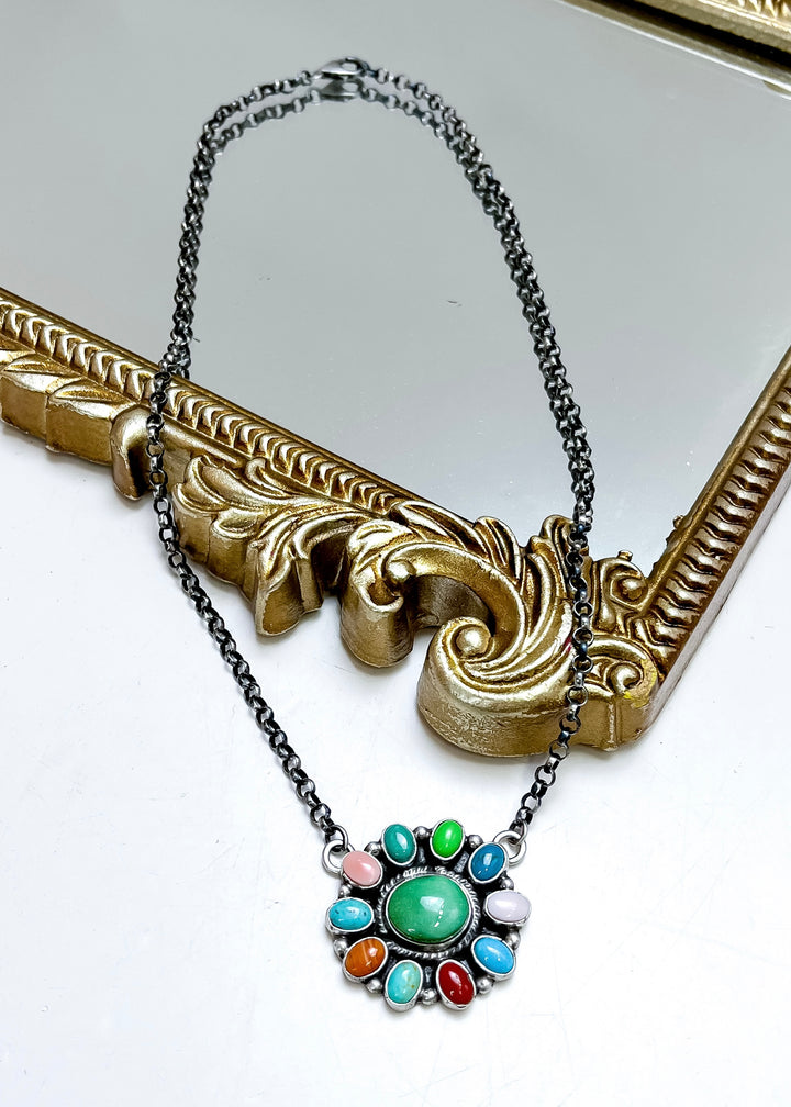 Marcella James | Sterling Silver Native American Handmade Multi Color Cluster Necklace