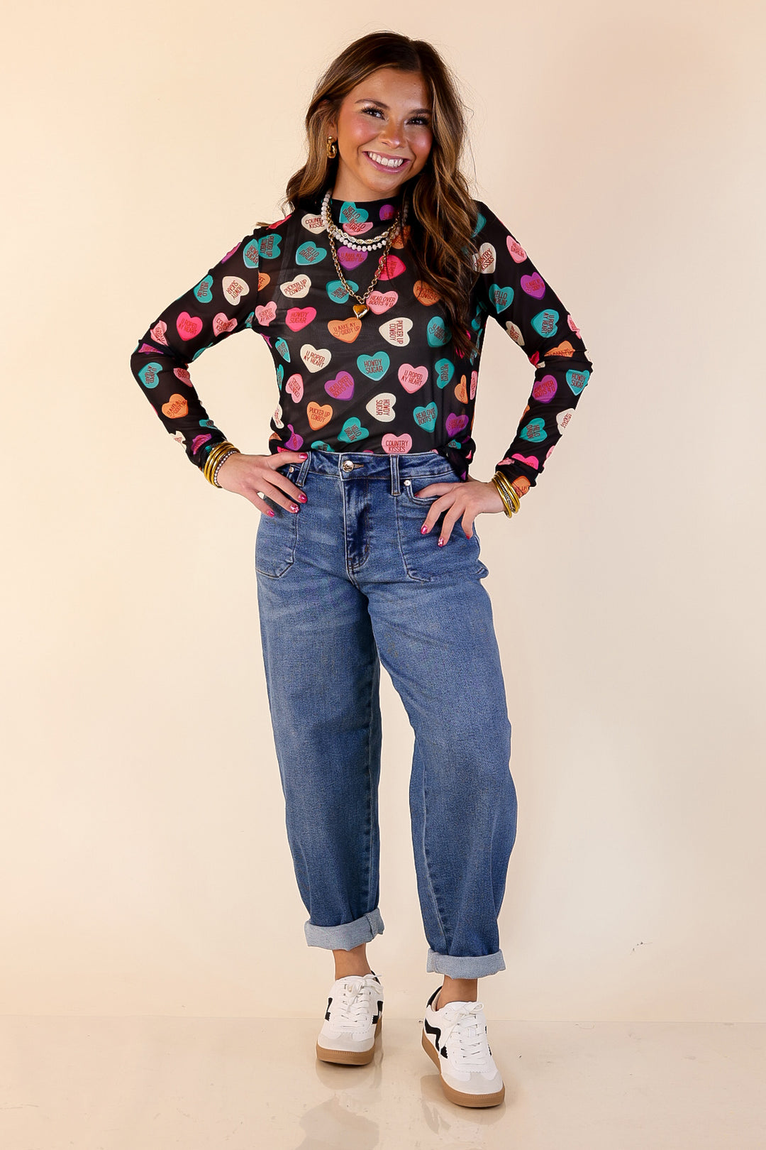 Sheer Confidence Western Theme Conversation Heart Print Mesh Long Sleeve Top in Black