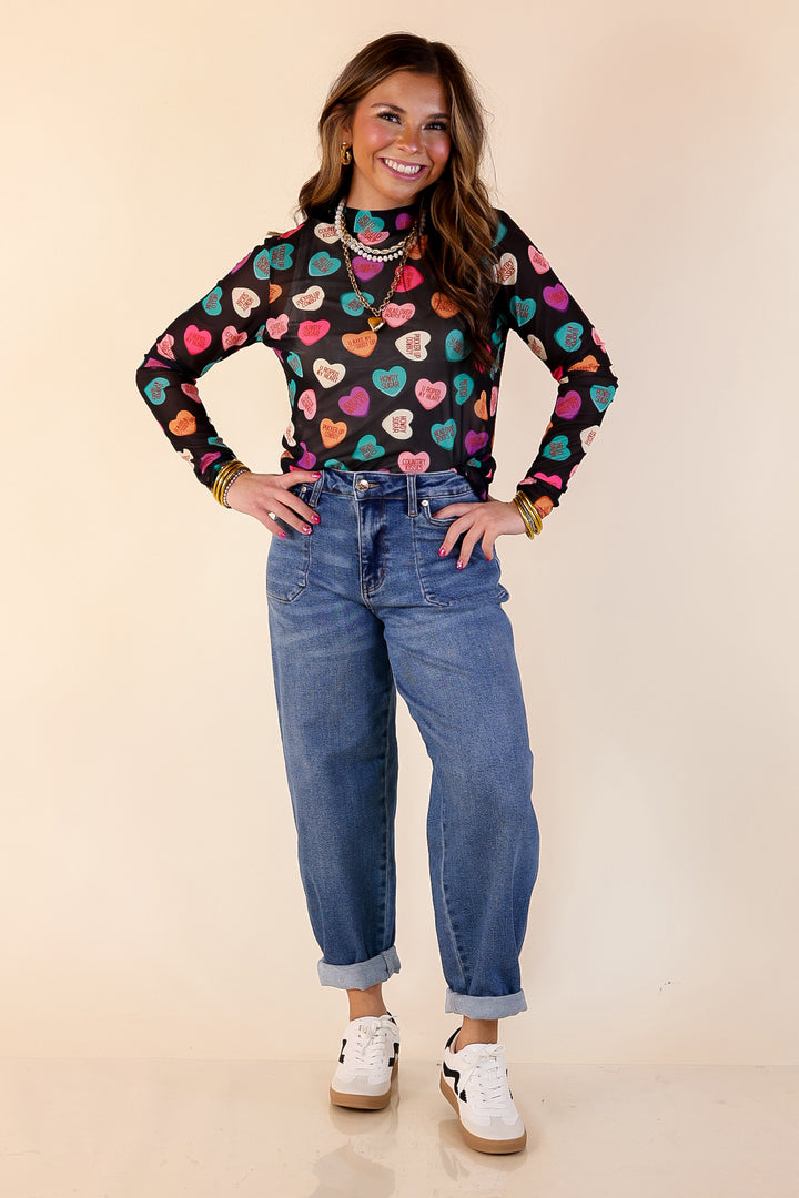 Sheer Confidence Western Theme Conversation Heart Print Mesh Long Sleeve Top in Black