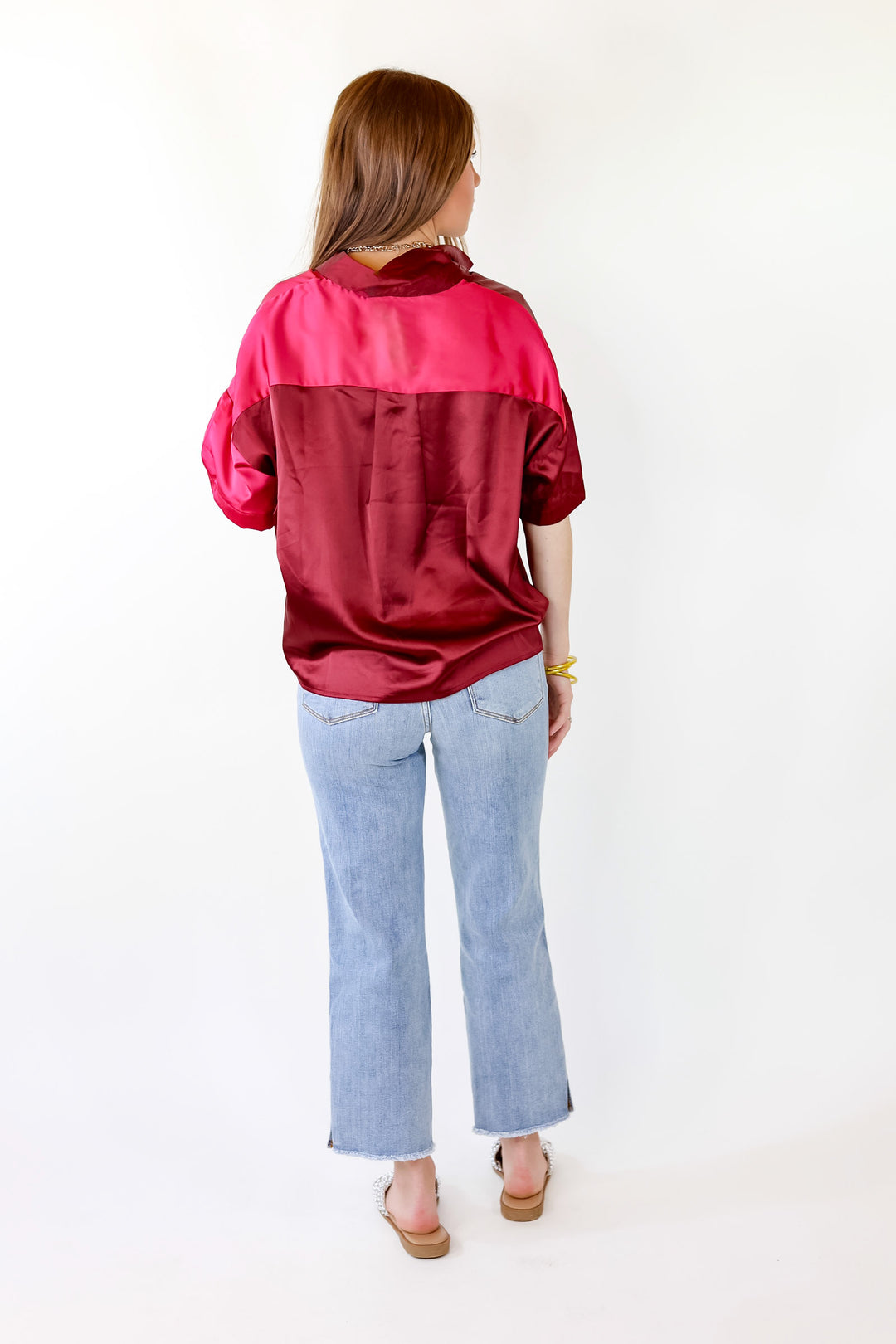 Meant To Be Happy Button Up Color Block Satin Top in Fuchsia Mix - Giddy Up Glamour Boutique