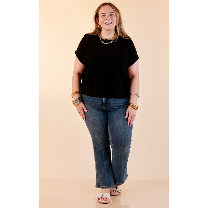 Laidback Luxe Rolled Drop Sleeve Relaxed Fit Basic Short Sleeve Top in Black