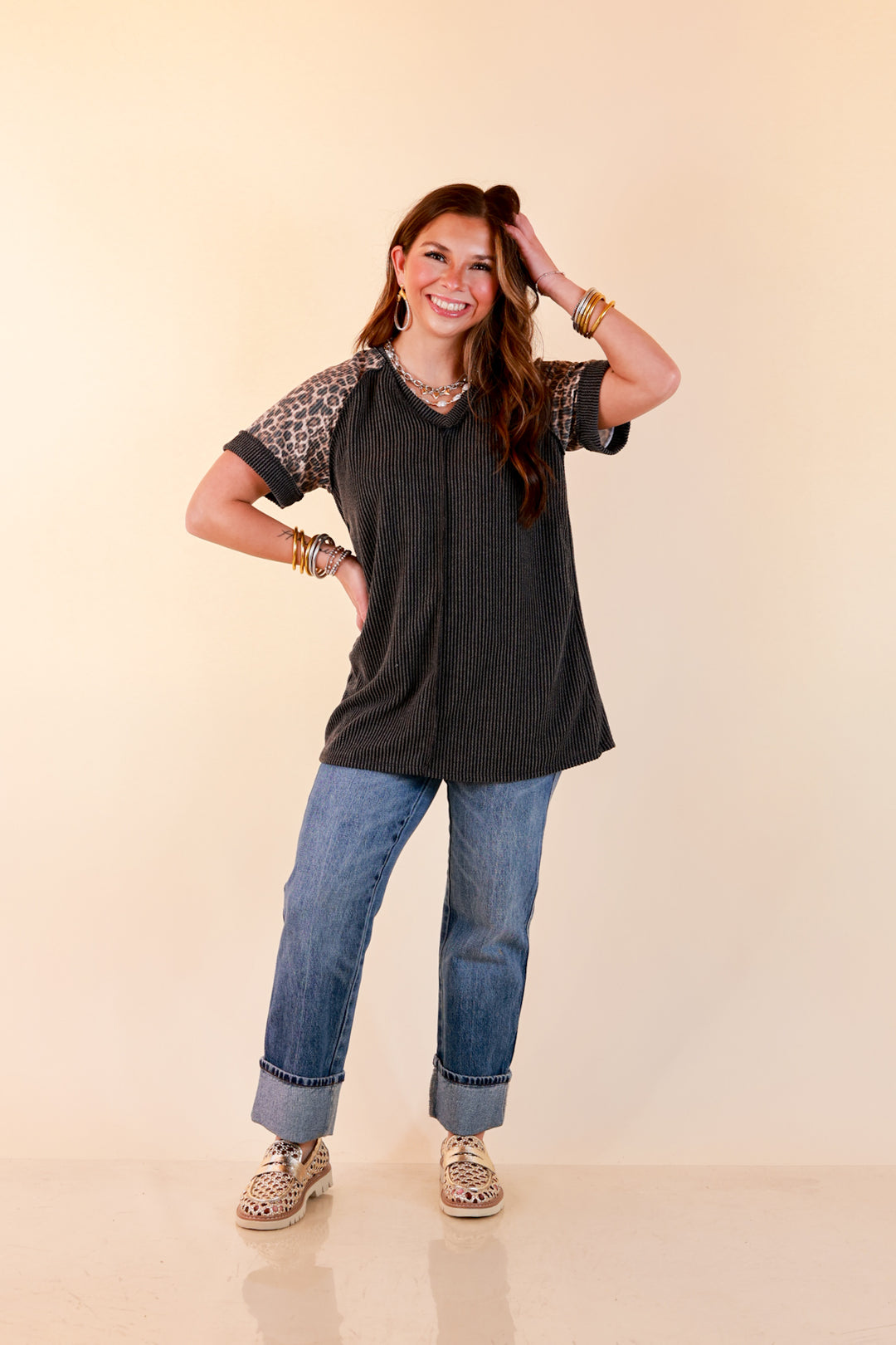 Easy Attraction Waffle Knit V Neck Top with Leopard Print Sleeves in Black