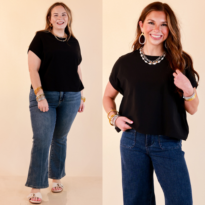 Laidback Luxe Rolled Drop Sleeve Relaxed Fit Basic Short Sleeve Top in Black
