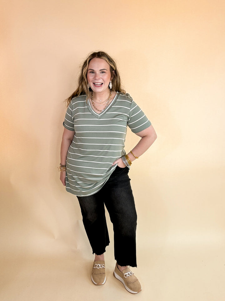 Keep Things Casual Striped V Neck Tee in Sage Green