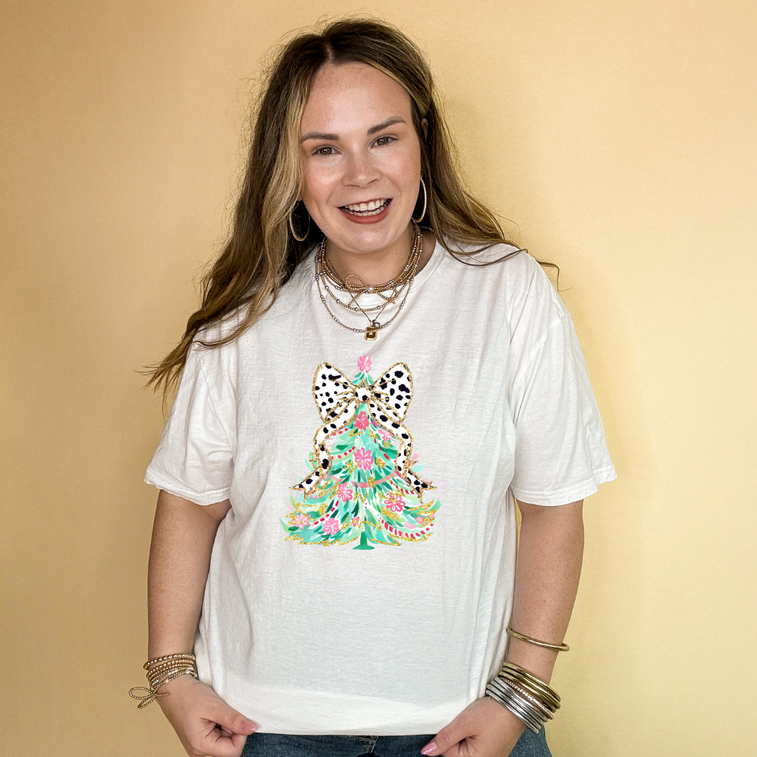 Online Exclusive | Holiday Floral Christmas Tree with Dalmatian Bow Graphic Tee in Multiple Color Options