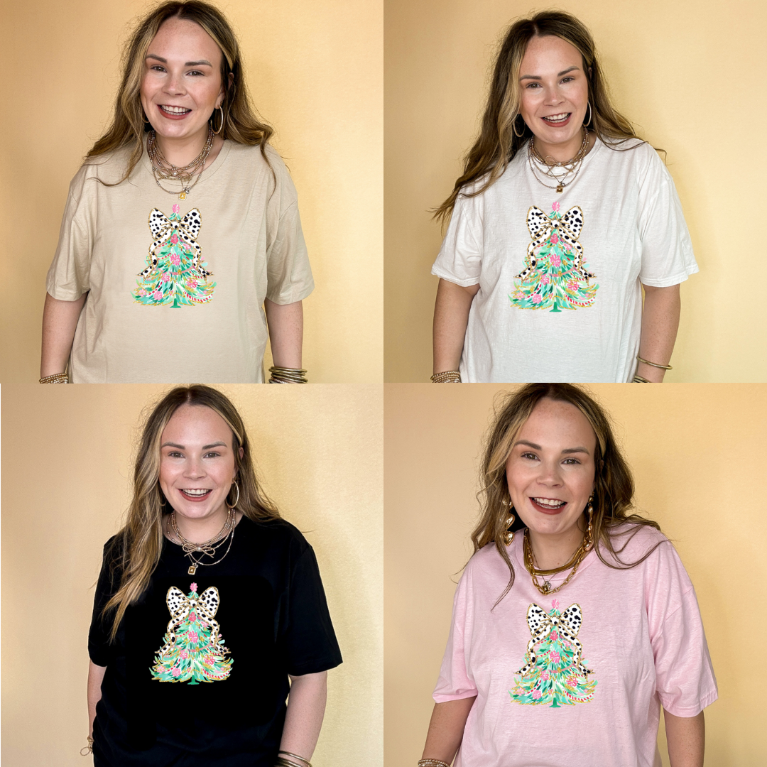 Online Exclusive | Holiday Floral Christmas Tree with Dalmatian Bow Graphic Tee in Multiple Color Options