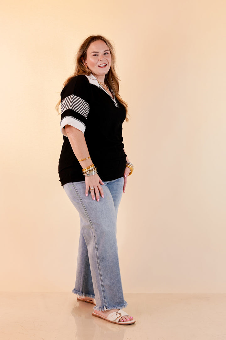 Chic by Design Ribbed Collared Top with Contrast Stripe Short Sleeves in Black