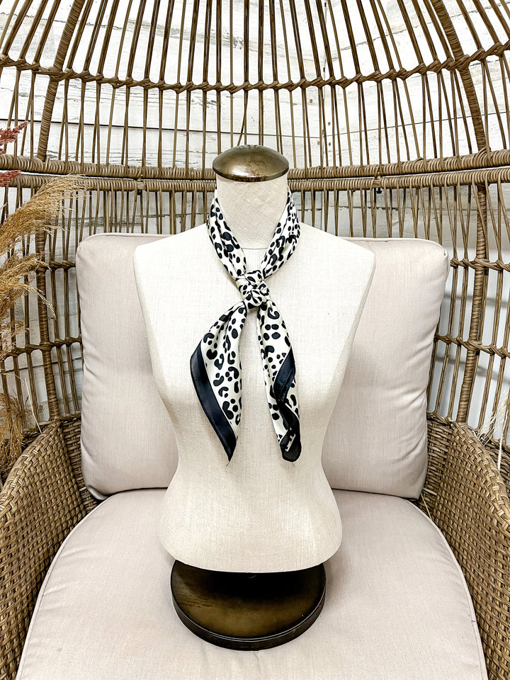 Wild Elegance Silk Feel Square Scarf in Black and Ivory Leopard Print