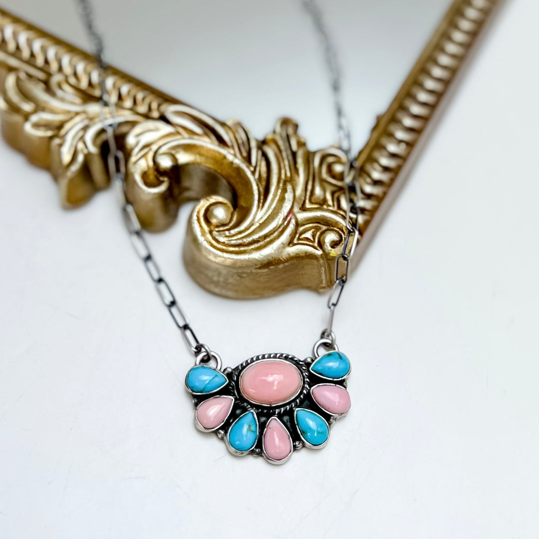Marcella James | Native American Handmade Sterling Silver, Turquoise and Pink Conch Stone Half Cluster Necklace