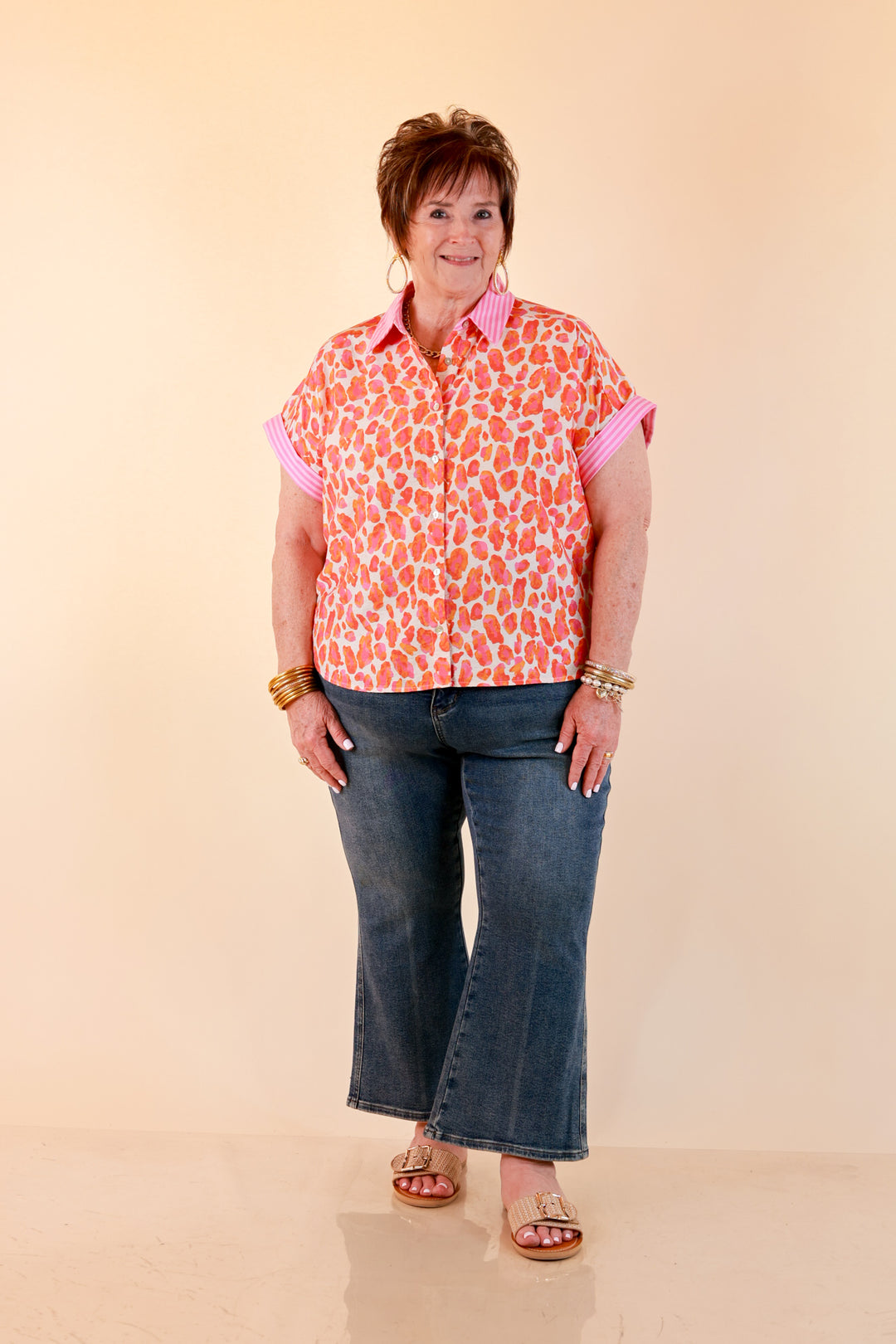 Talk the Talk Leopard Print Button Front Top with Stripe Contrast Collar in Pink and Orange