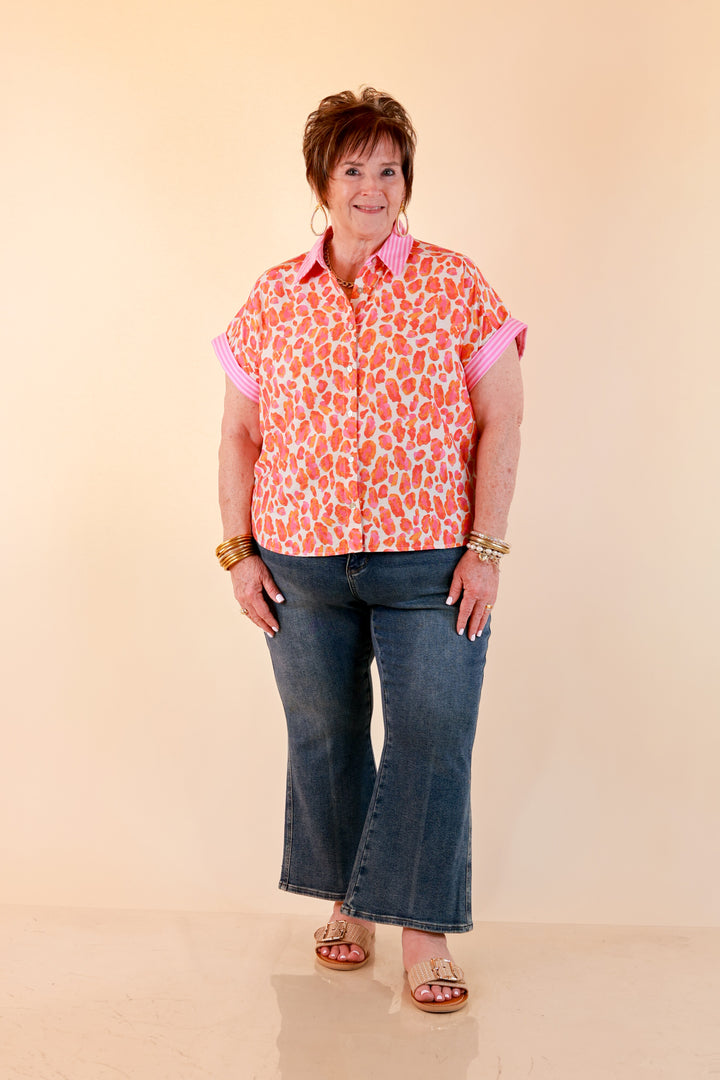 Talk the Talk Leopard Print Button Front Top with Stripe Contrast Collar in Pink and Orange