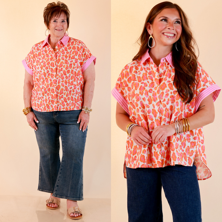 Talk the Talk Leopard Print Button Front Top with Stripe Contrast Collar in Pink and Orange