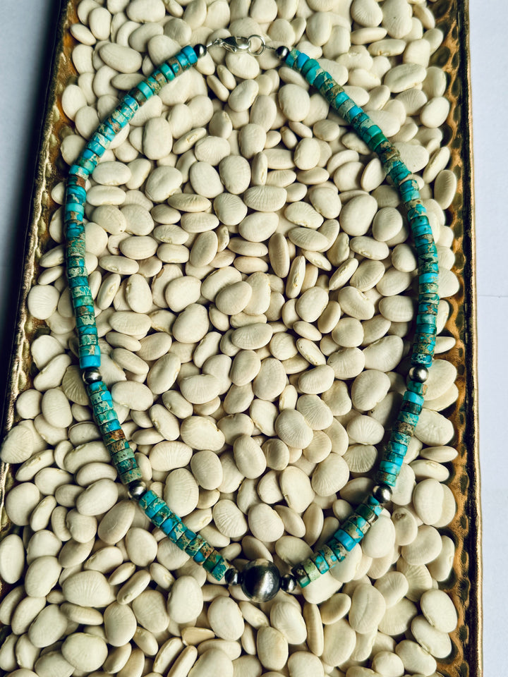 Desert Sky Kingman Turquoise Necklace with Navajo Pearls - Blue Tones