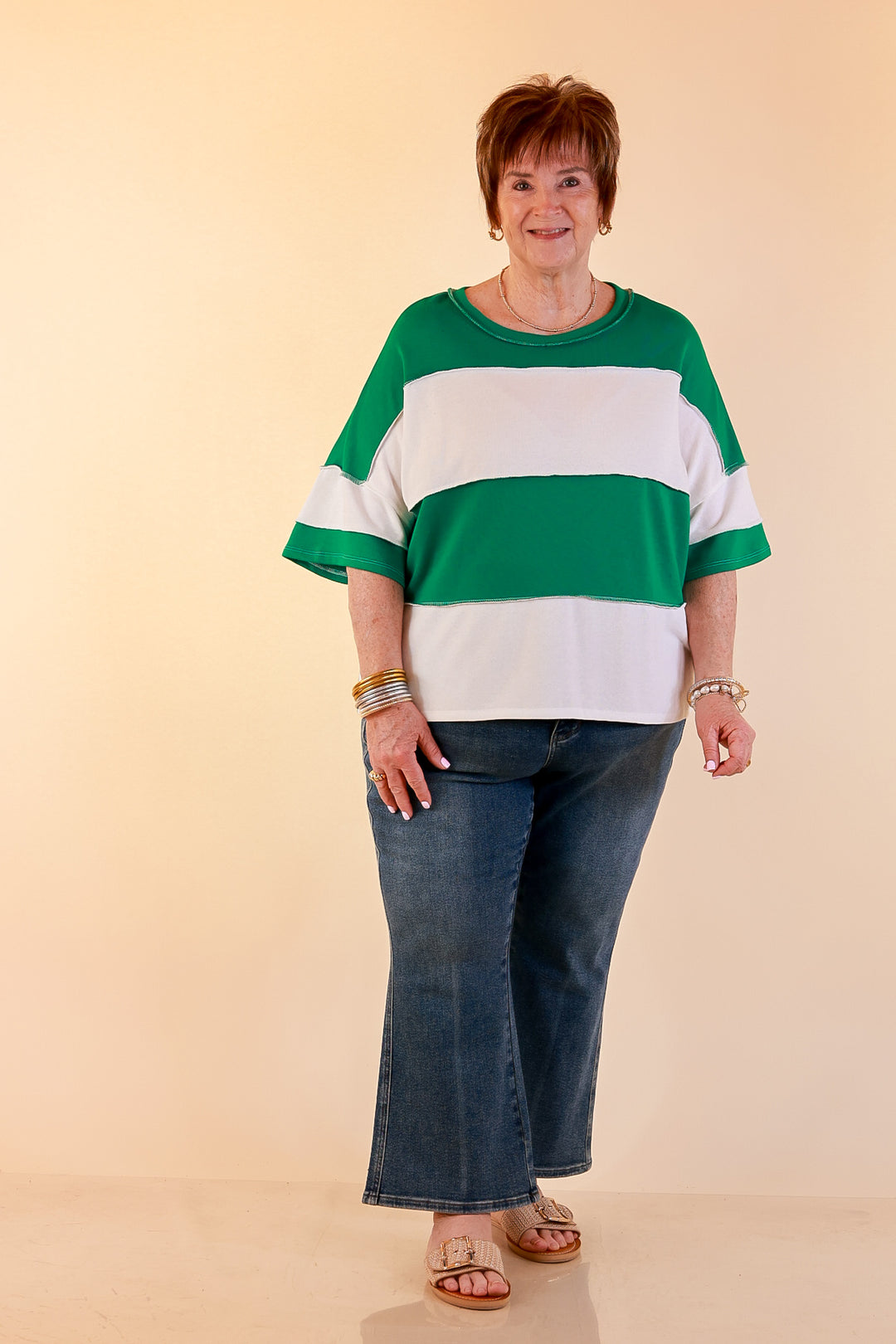 Simply Striking Color Block Rugby Style Wide Stripe Relaxed Short Sleeve Top in Kelly Green