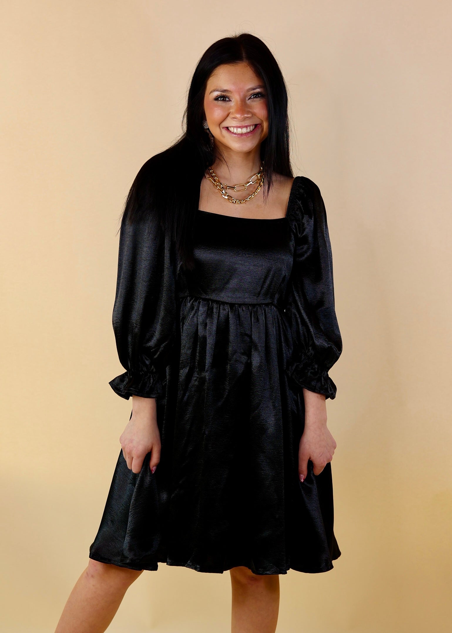 Feeling Fine Satin Babydoll Dress with 3/4 Sleeves in Black - Giddy Up Glamour Boutique