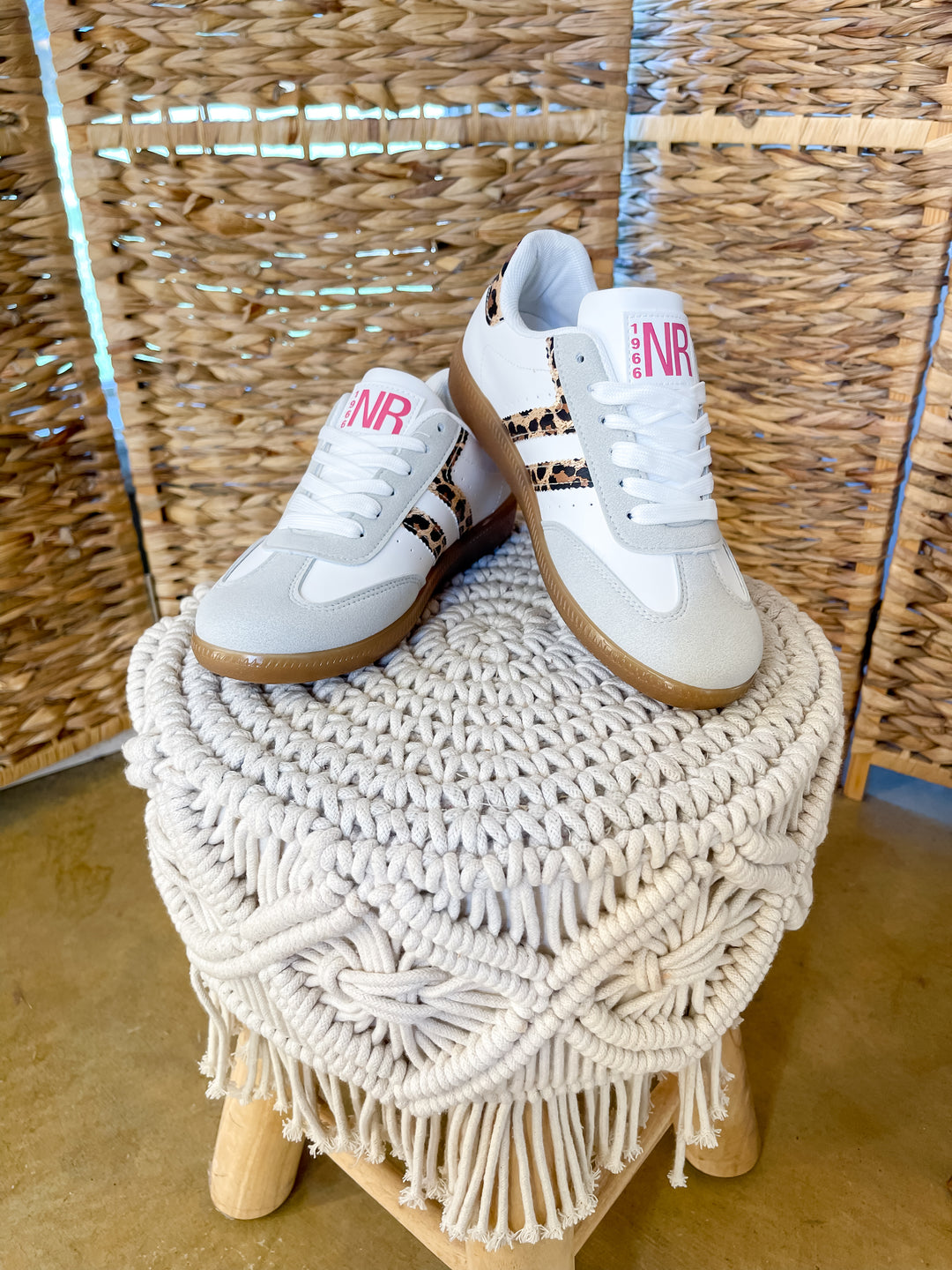 Naughty Monkey | Right on Track Retro Lace-Up Sneaker in White with Leopard Print Detail