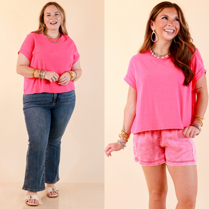 Laidback Luxe Rolled Drop Sleeve Relaxed Fit Basic Short Sleeve Top in Turquoise Blue