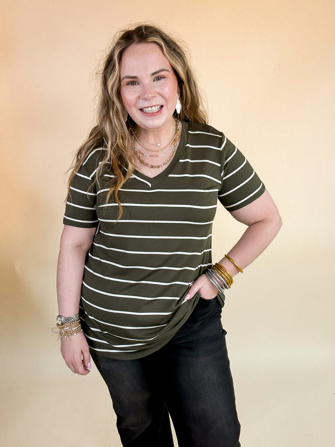 Last Chance Size Small | Keep Things Casual Striped V Neck Tee in Olive Green