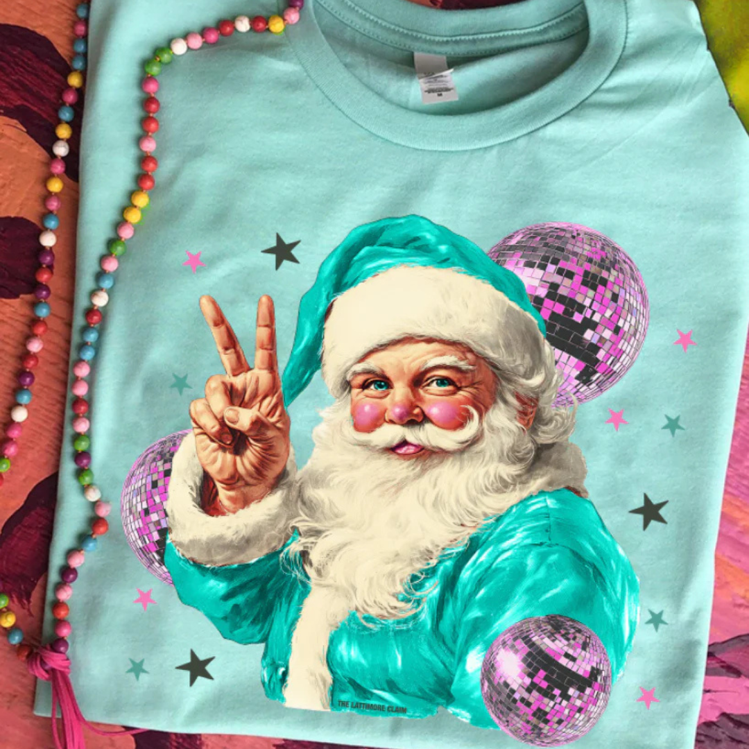 Online Exclusive | Disco Santa Peace Hand Graphic Tee in Mint