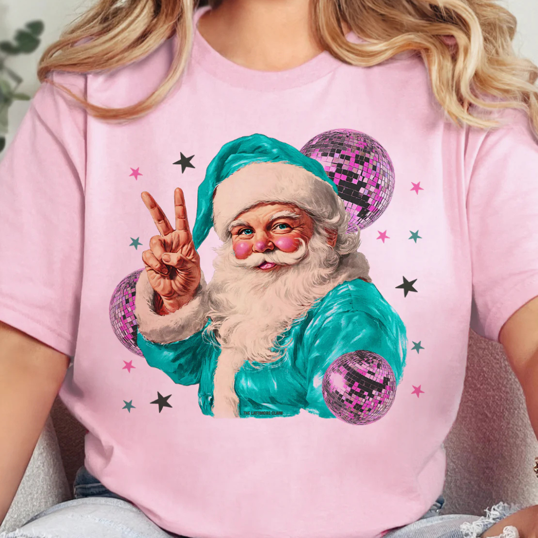 Online Exclusive | Disco Santa Peace Hand Graphic Tee in Pink