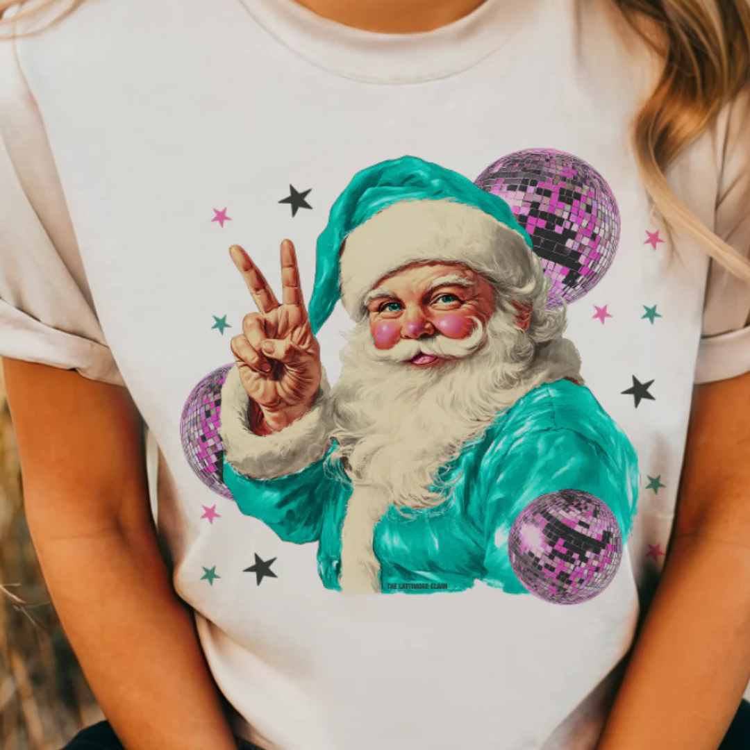 Online Exclusive | Disco Santa Peace Hand Graphic Tee in Cream