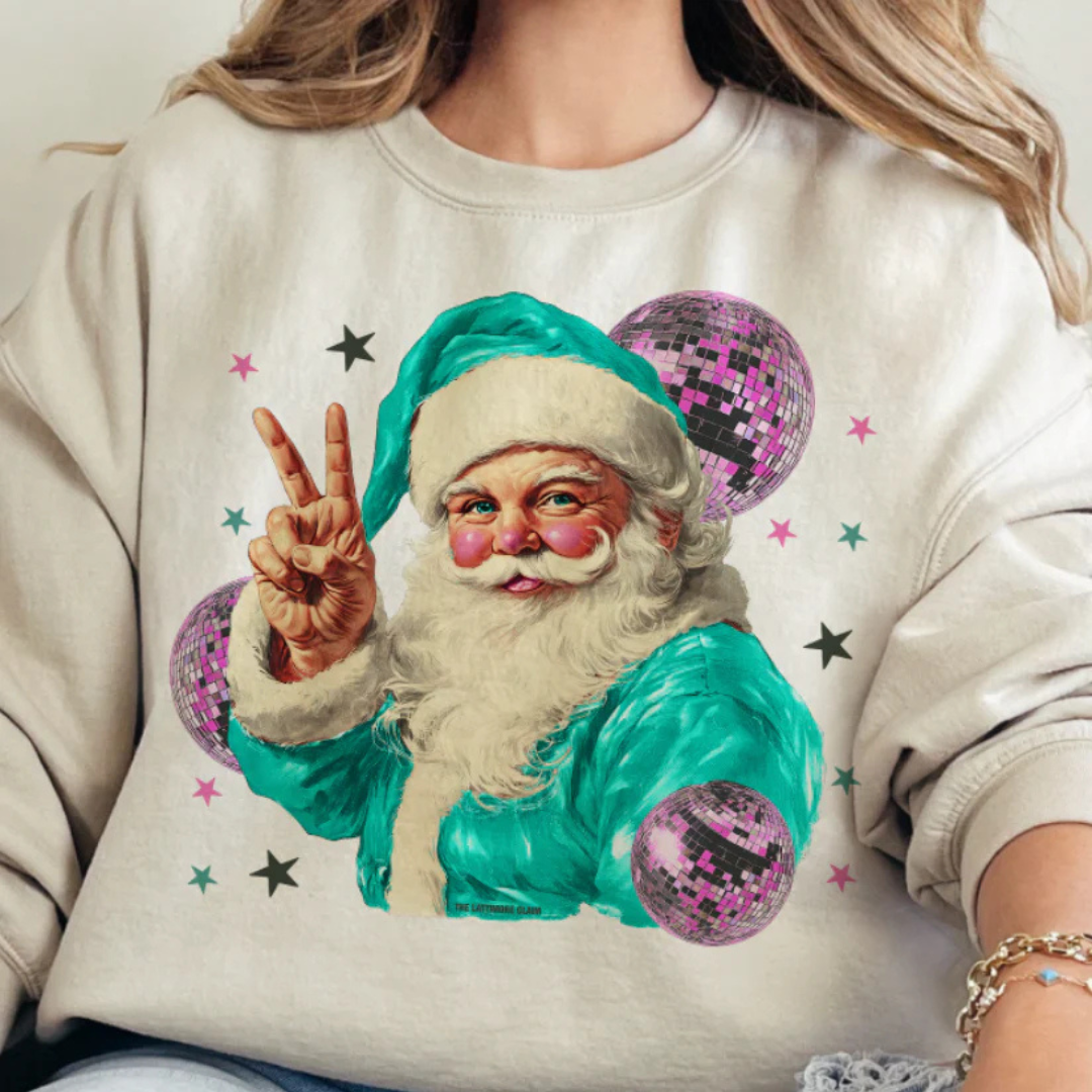 Online Exclusive | Disco Santa Peace Hand Graphic Sweatshirt in Cream