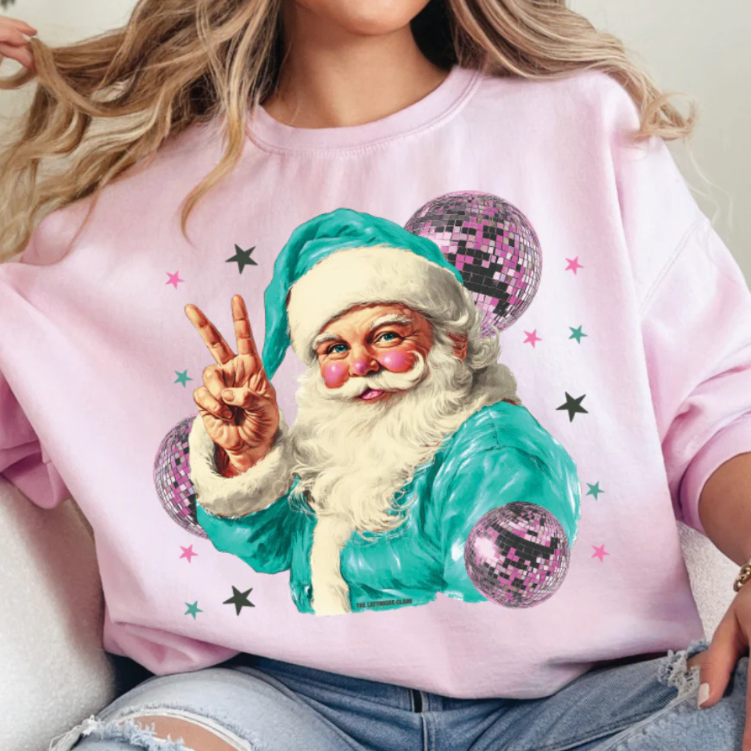 Online Exclusive | Disco Santa Peace Hand Graphic Sweatshirt in Pink