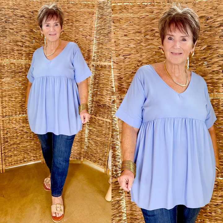 Daily Delight Short Sleeve V Neck Babydoll Top in Spring Blue