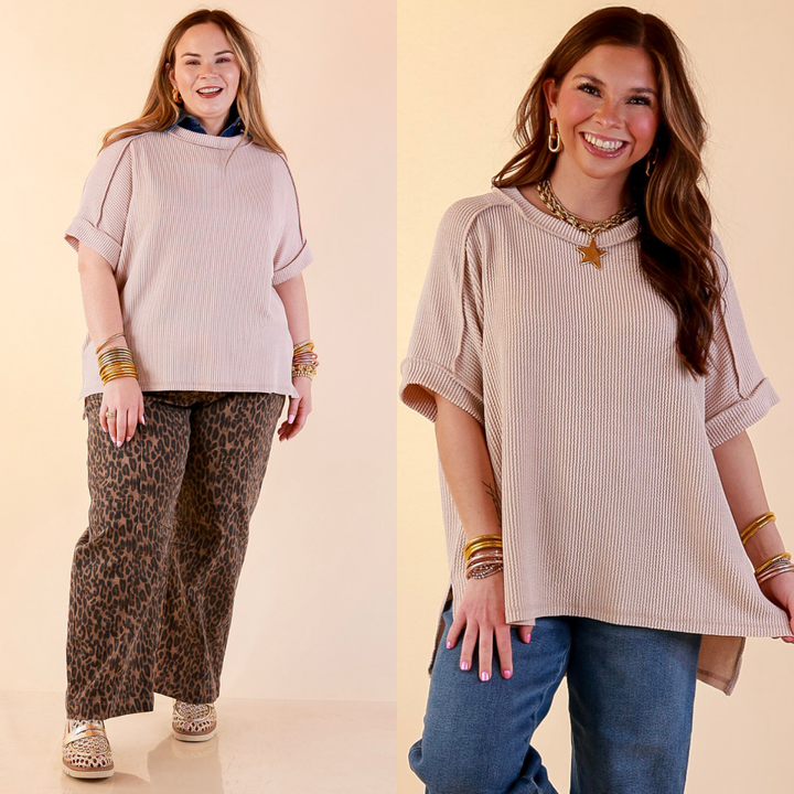 Models are wearing Daily Perfection Scoop Neck Short Sleeve Ribbed Top in Beige with bottoms against a beige backdrop.