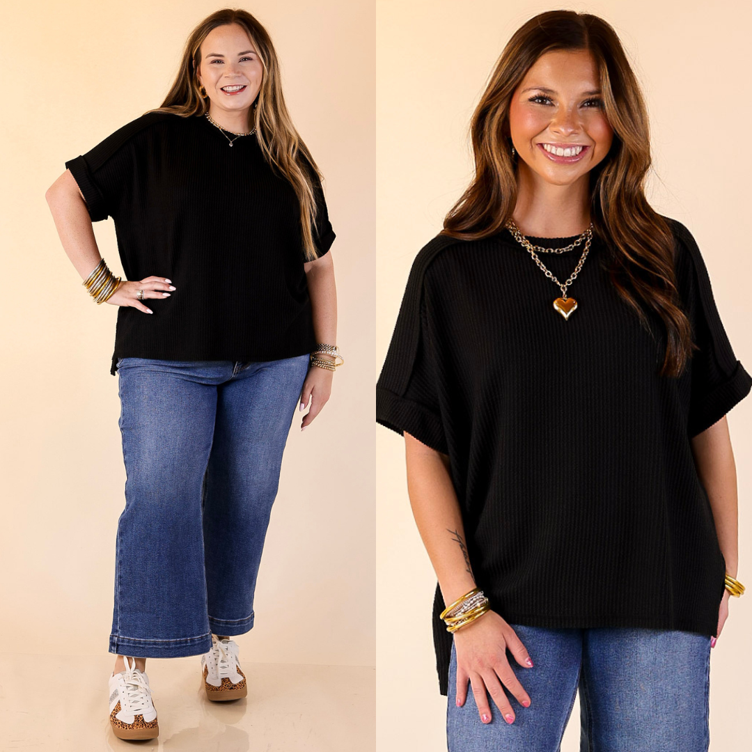 Two images of a woman wearing a black ribbed top and blue jeans on a beige background.