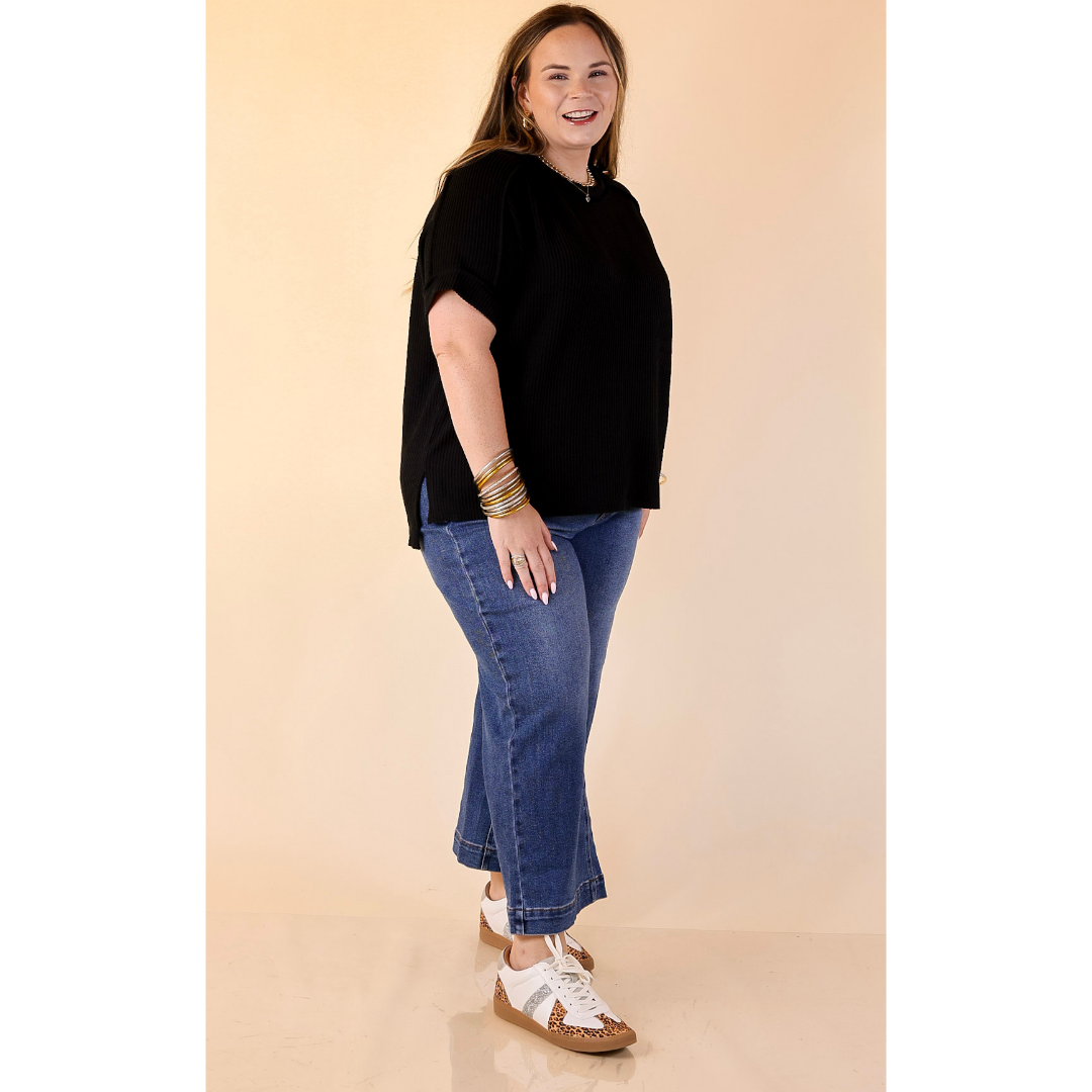 Daily Perfection Scoop Neck Short Sleeve Ribbed Top in Black