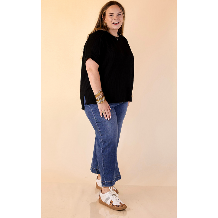 Daily Perfection Scoop Neck Short Sleeve Ribbed Top in Black