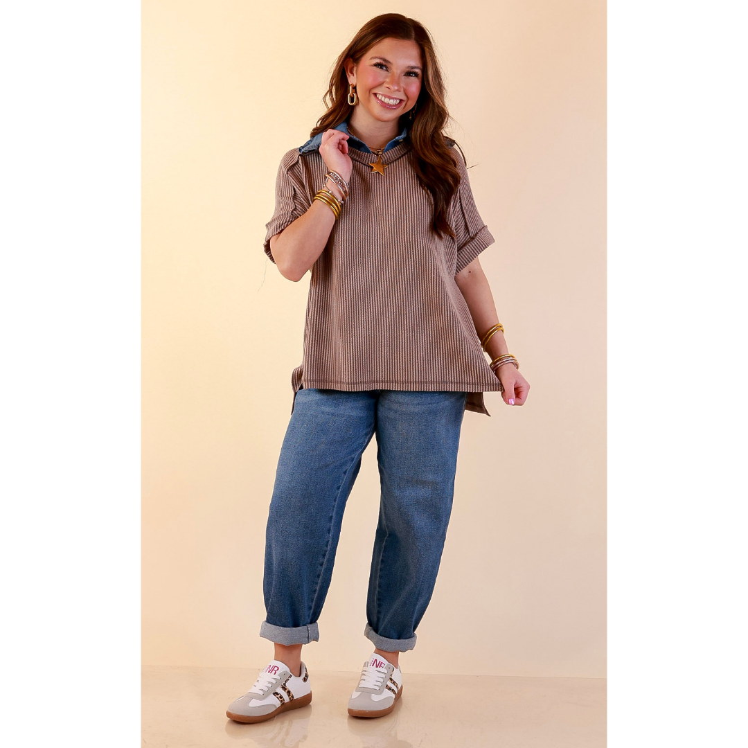 Daily Perfection Scoop Neck Short Sleeve Ribbed Top in Dark Mocha Brown