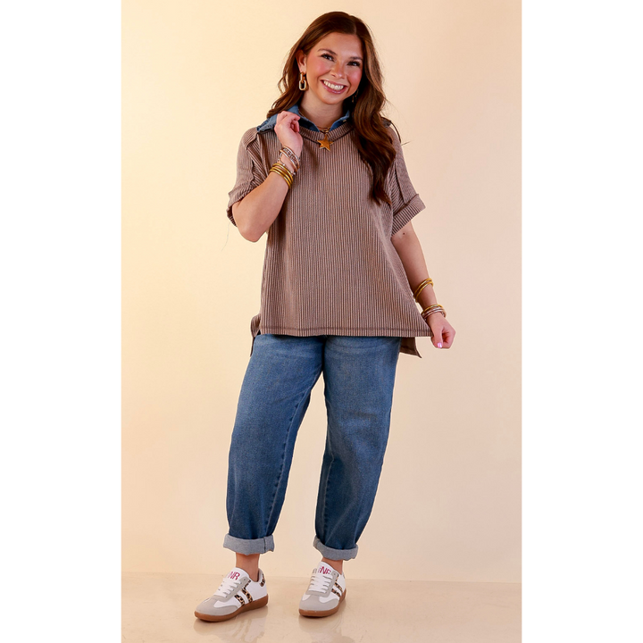 Daily Perfection Scoop Neck Short Sleeve Ribbed Top in Dark Mocha Brown