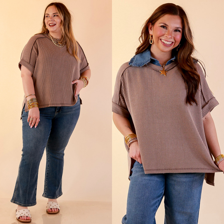 Models are wearing Daily Perfection Scoop Neck Short Sleeve Ribbed Top in Mocha Brown with bottoms against a beige backdrop.