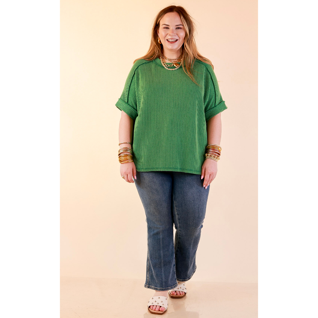 Daily Perfection Scoop Neck Short Sleeve Ribbed Top in Green