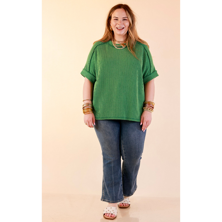 Daily Perfection Scoop Neck Short Sleeve Ribbed Top in Green