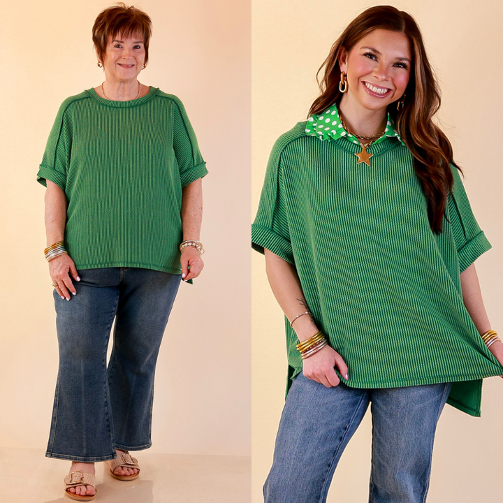 Models are wearing Daily Perfection Scoop Neck Short Sleeve Ribbed Top in Green with bottoms against a beige backdrop.