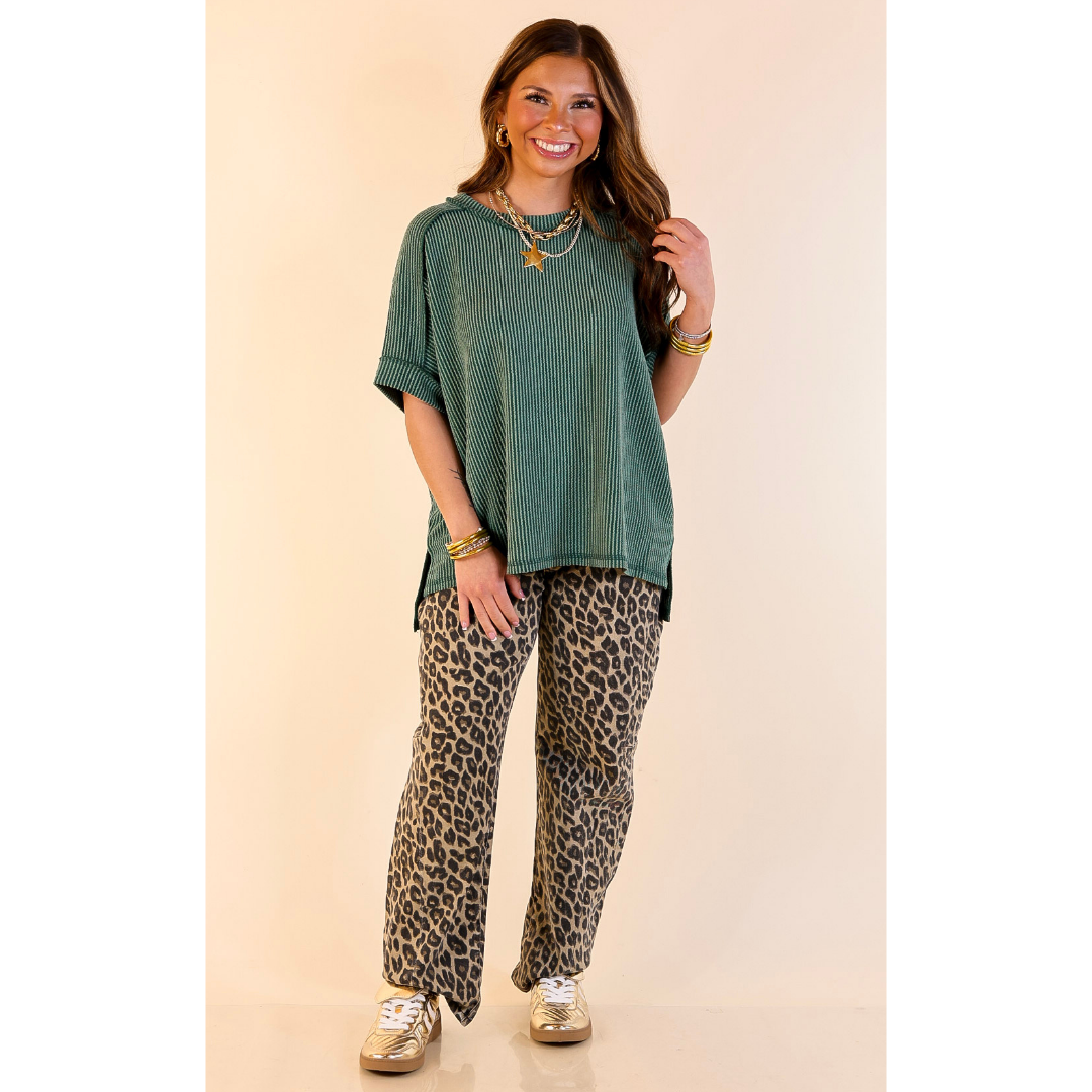 Daily Perfection Scoop Neck Short Sleeve Ribbed Top in Hunter Green