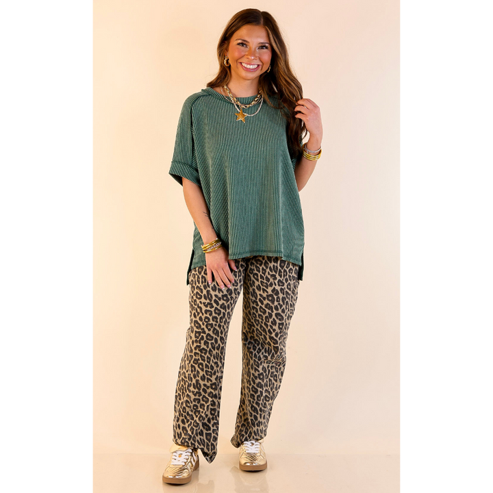 Daily Perfection Scoop Neck Short Sleeve Ribbed Top in Hunter Green