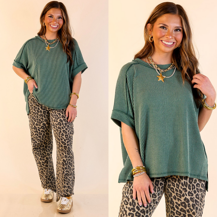 Daily Perfection Scoop Neck Short Sleeve Ribbed Top in Hunter Green