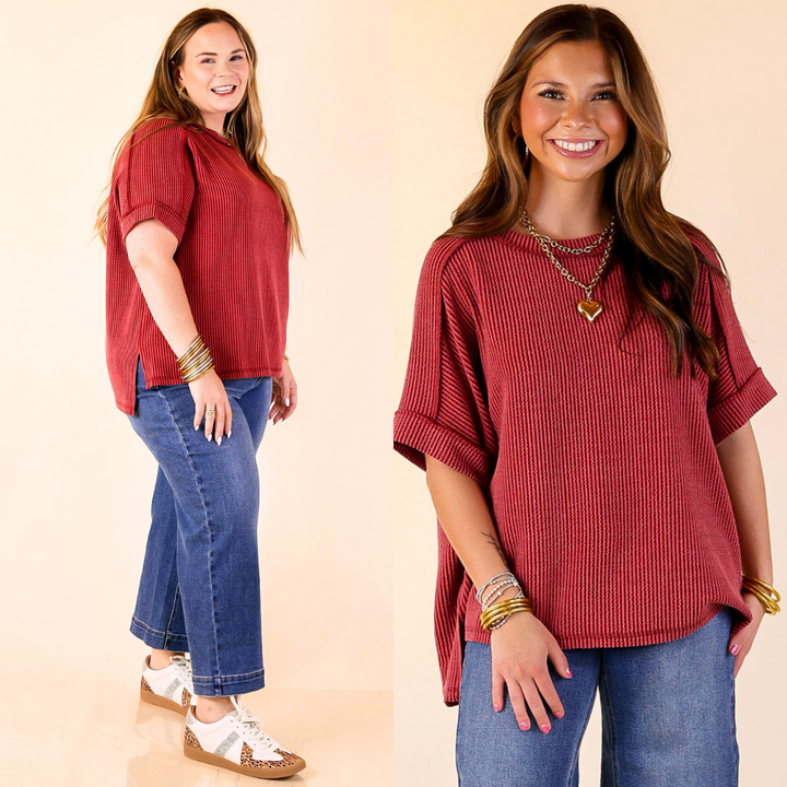 Two views of a woman wearing a maroon ribbed top and blue jeans on a beige background