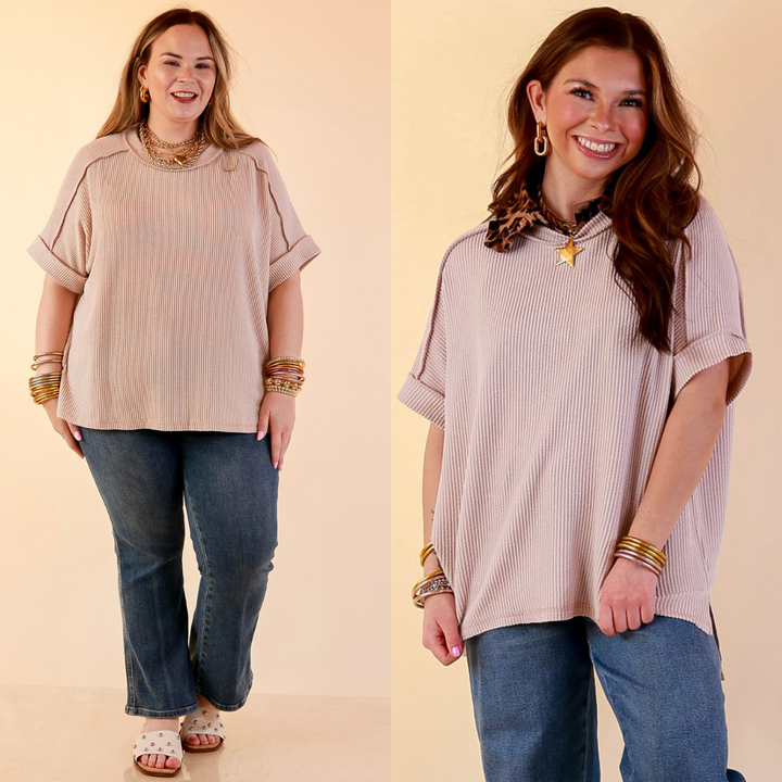 Models are wearing Daily Perfection Scoop Neck Short Sleeve Ribbed Top in Natural Brown with bottoms against a beige backdrop.