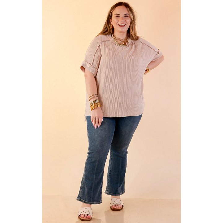 Daily Perfection Scoop Neck Short Sleeve Ribbed Top in Natural Brown