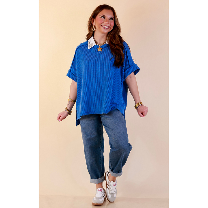 Daily Perfection Scoop Neck Short Sleeve Ribbed Top in Ocean Blue
