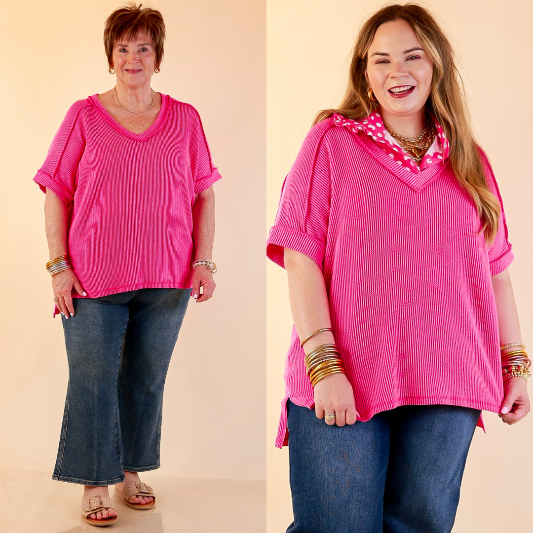 Models are wearing Daily Perfection Short Sleeve V-Neck Ribbed top in Hot Pink with Jeans. 